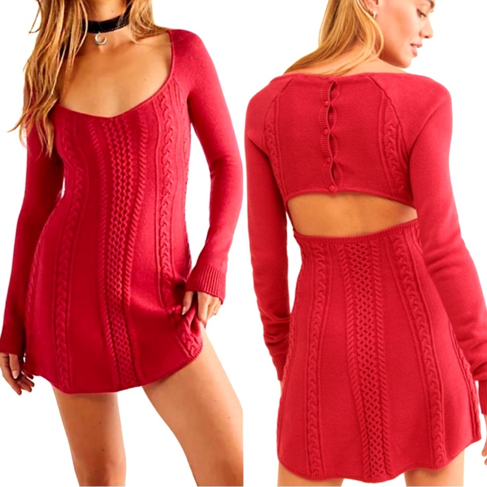 FREE‎ PEOPLE Sweater Mini Dress Size XL Red Pink Knitted Long sleeves Stretch